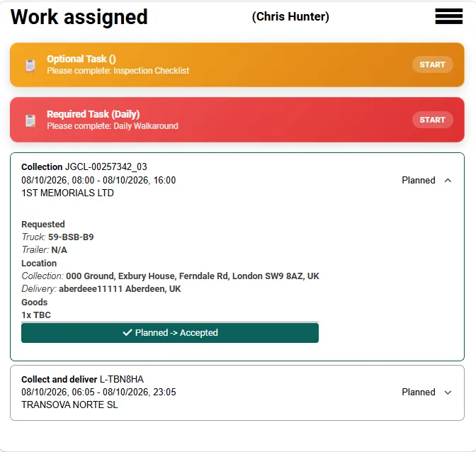 Actual Celerum Driver App — Job details and acceptance