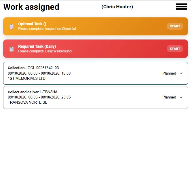 Actual Celerum Driver App — Work assigned