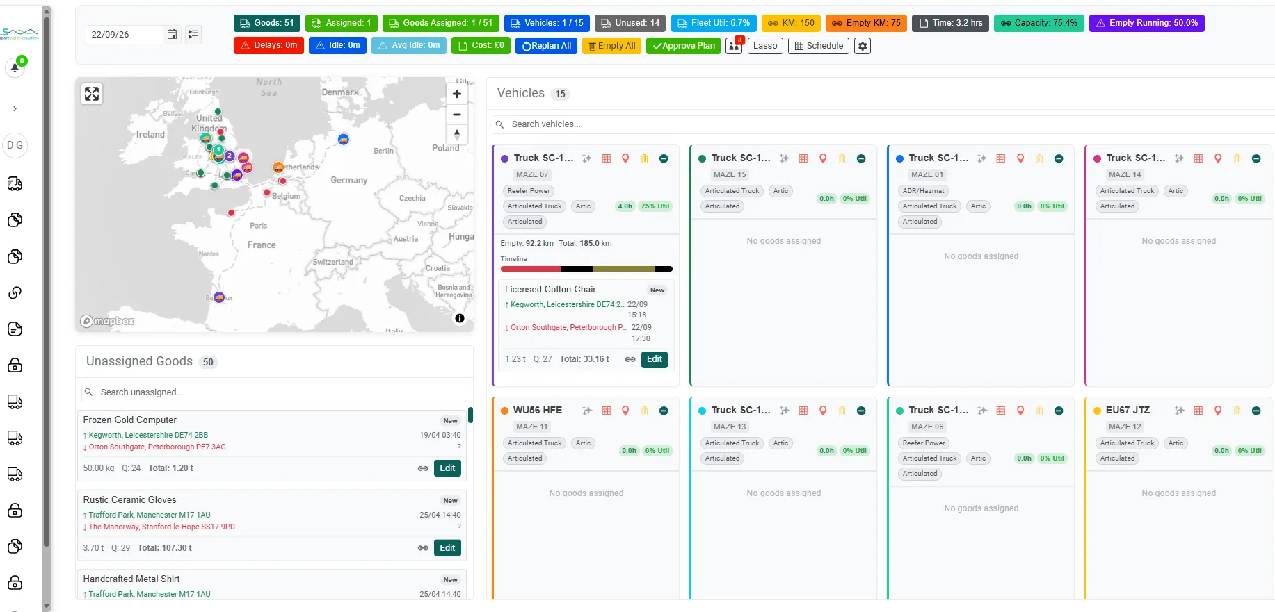 Authentic Celerum TLS planning page showing a map, unassigned work, vehicles and planning KPIs